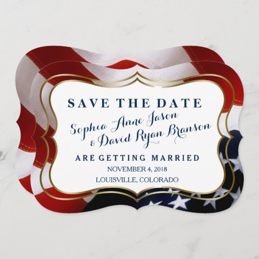 Save The Date Un drapeau américain unique et branché Mariage Enr (Devant / Derrière)