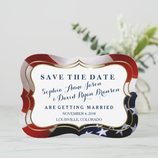 Save The Date Un drapeau américain unique et branché Mariage Enr (Debout devant)