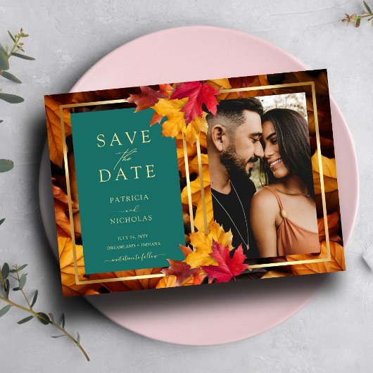 Save The Date Un Imaginaire Turquoise et automnal Gold Rustic Re