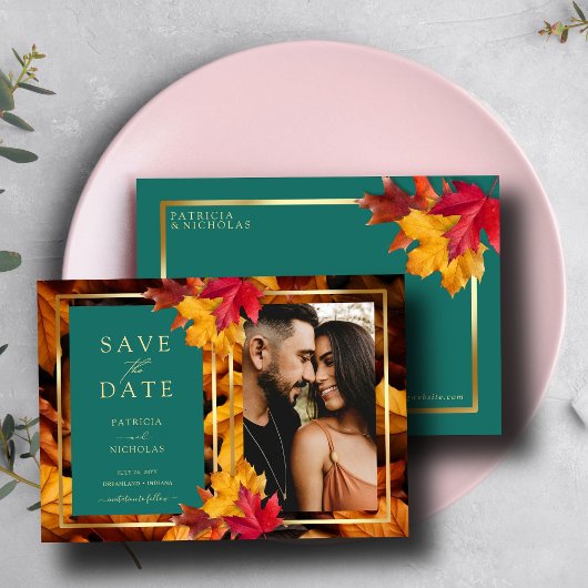 Save The Date Un Imaginaire Turquoise et automnal Gold Rustic Re