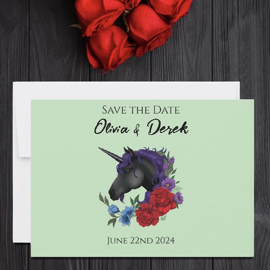 Save The Date Unicorne noire violet Fleurs de Sage Rouge