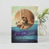 Save The Date Unique 2 Photos Marine Blue Abstrait Overlay (Debout devant)