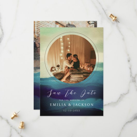 Save The Date Unique 2 Photos Marine Blue Abstrait Overlay (Devant/Arrière en situation)