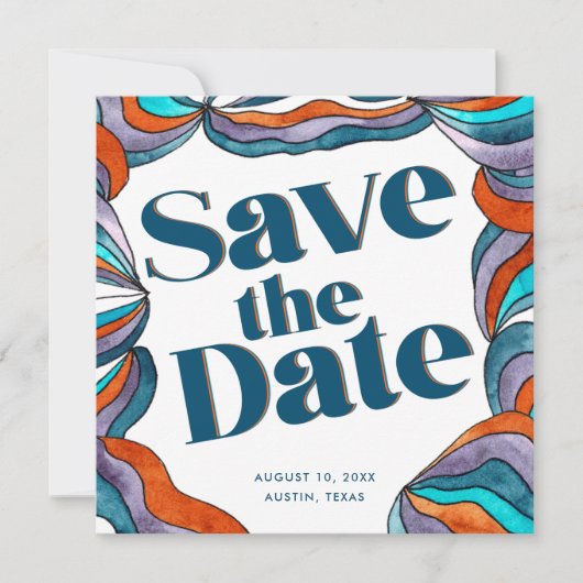 Save The Date Unique Bold Boho Super Retro Blue Wavy Photo (Devant)