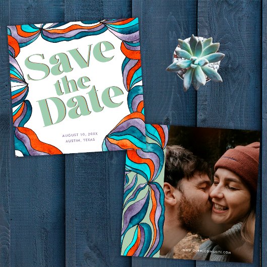 Save The Date Unique Bold Boho Super Retro Green Wavy Photo