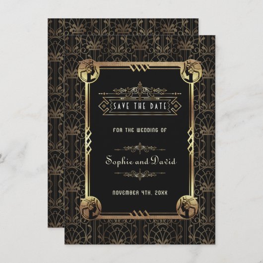 Save The Date Unique Gold Black Great Gatsby Art Déco Mariage (Devant / Derrière)