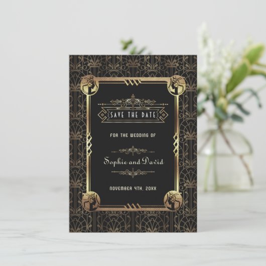 Save The Date Unique Gold Black Great Gatsby Art Déco Mariage (Debout devant)