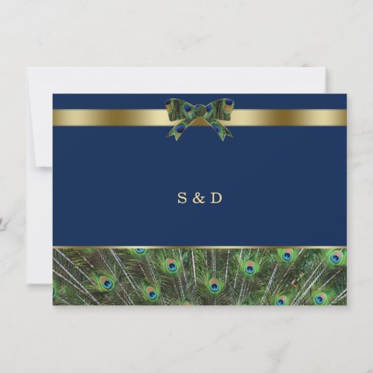 Save The Date Unique Marine Blue Gold Peacock Feaths Mariage (Dos)