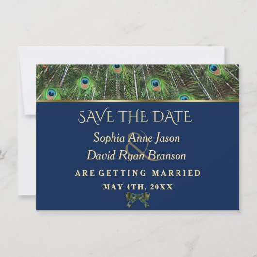 Save The Date Unique Marine Blue Gold Peacock Feaths Mariage (Devant)