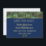 Save The Date Unique Marine Blue Gold Peacock Feaths Mariage<br><div class="desc">Design moderne et élégant avec plumes de paon,  cadre en faux or sur arrière - plan bleu marine. Utilisez l'outil Personnaliser pour ajouter vos informations. Des éléments correspondants se trouvent dans ma collection Peacock Blue.</div>