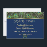 Save The Date Unique Marine Blue Gold Peacock Feaths Mariage<br><div class="desc">Design moderne et élégant avec plumes de paon,  cadre en faux or sur arrière - plan bleu marine. Utilisez l'outil Personnaliser pour ajouter vos informations. Des éléments correspondants se trouvent dans ma collection Peacock Blue.</div>