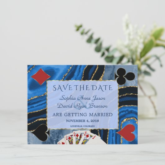Save The Date Unique Navy Blue Agate Vegas Poker Mariage (Debout devant)