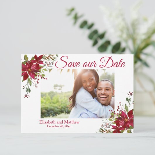 Save The Date Vacances d'hiver Bourgogne Poinsettia Enregistrez (Debout devant)