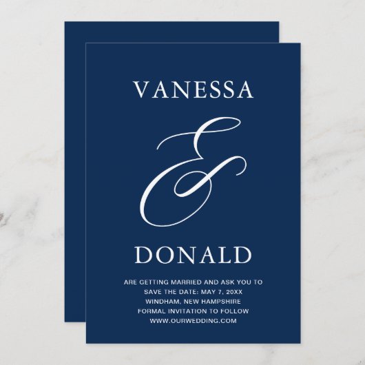 Save The Date Vanessa Navy Blue Mariage moderne (Devant / Derrière)