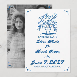 Save The Date Vase Floral Rustique Fantaisie Esquisse Bleu Photo