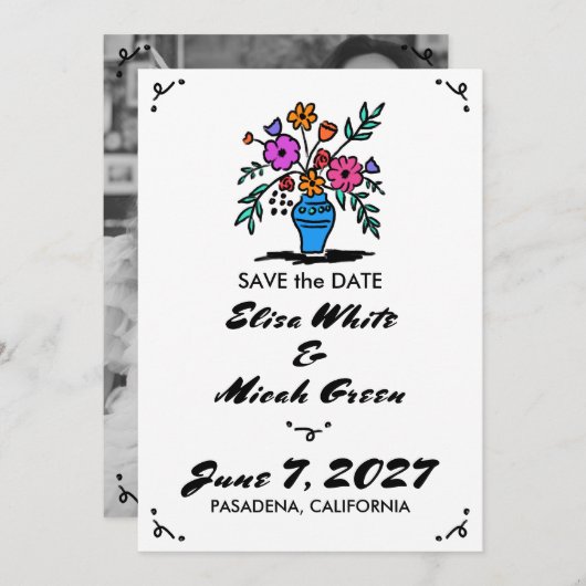 Save The Date Vase florale rustique Whimsical mignon Sketch B&W (Devant / Derrière)