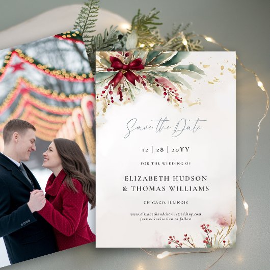 Save The Date Végétation d'hiver Noël Mariage de la Bow rouge