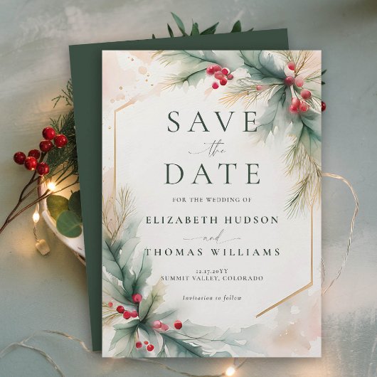 Save The Date Végétation d'hiver Noël Rouge Mariage élégant