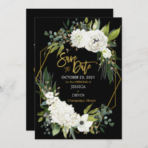 Save The Date Velours floral blanc moderne Black Gold Géométriqu