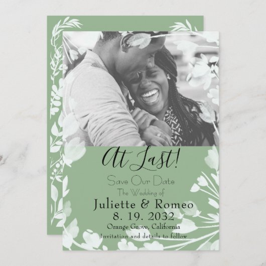 Save The Date Vélum vert moderne Sage Photo florale (Devant / Derrière)