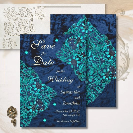 Save The Date Velvet Turquoise et marine Mariage de luxe