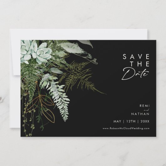 Save The Date Verdure et feuille d'or Script noir horizontal (Devant)