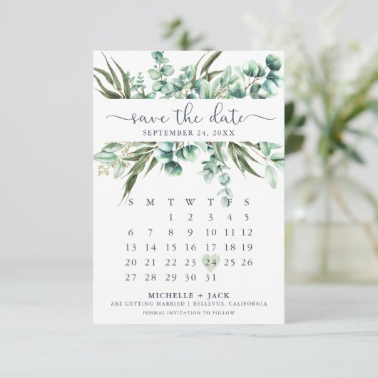 Save The Date Verdure rustique Eucalyptus Calendrier moderne (Debout devant)
