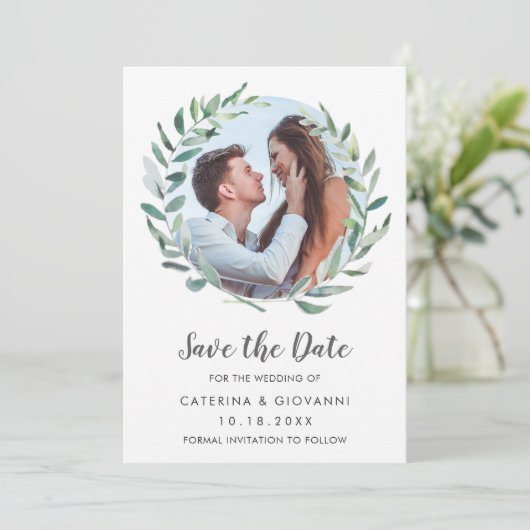 Save The Date Verdure rustique Wreath Photo Mariage élégant (Debout devant)