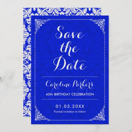 Save the Date Verjaardag - Silver Royal Blue Damas Kaart (Voorkant / Achterkant)