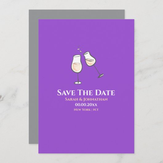 Save The Date Verres à champagne simples toast violet uni (Devant / Derrière)