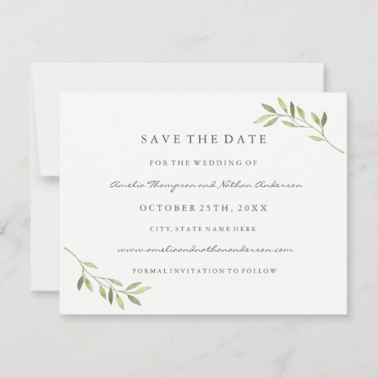 Save The Date Vert Aquarelle Leaf Mariage Enregistrer La Date (Devant)