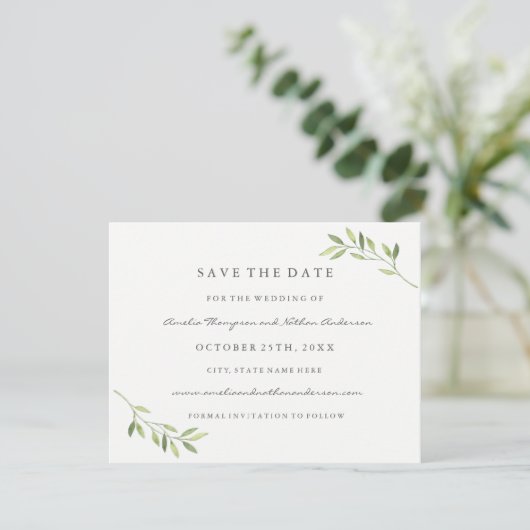 Save The Date Vert Aquarelle Leaf Mariage Enregistrer La Date (Debout devant)