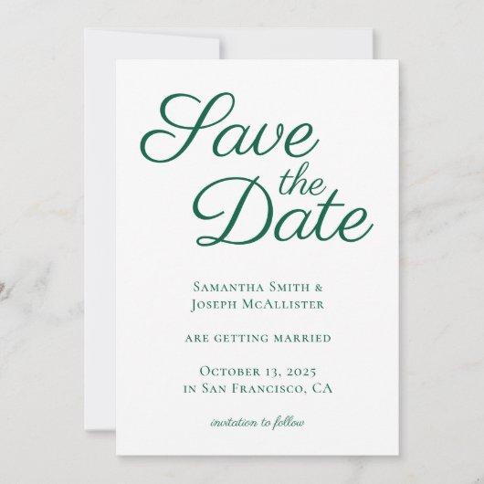 Save The Date Vert Chasseur Élégante Calligraphie Blanche (Devant)