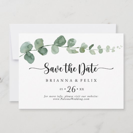 Save The Date Vert délice Eucalyptus Mariage horizontal (Devant)