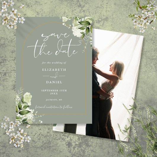 Save The Date Vert doré Arche Photo Sage Vert Mariage