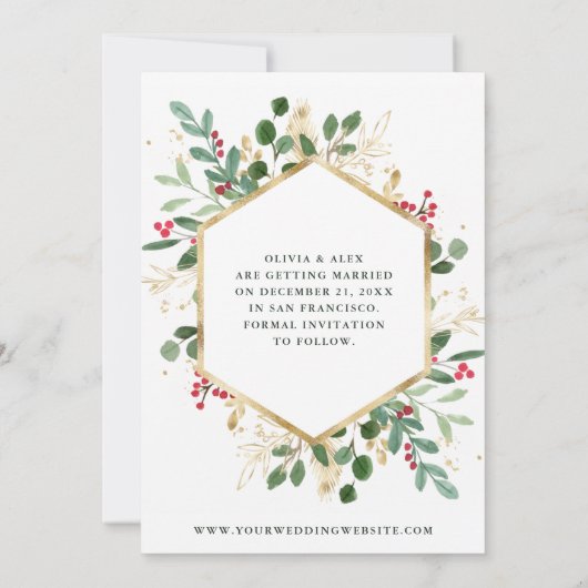 Save The Date Vert doré sur blanc | Vacances photos géométriques (Dos)