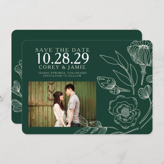 Save The Date Vert Élégant Mariage Floral (Devant / Derrière)