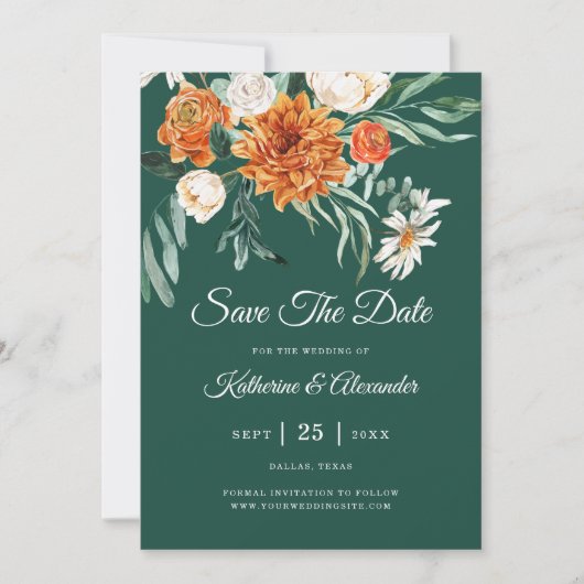 Save The Date Vert émeraude Élégant Fleur Orange Photo Mariage (Devant)