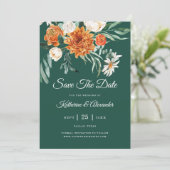 Save The Date Vert émeraude Élégant Fleur Orange Photo Mariage (Debout devant)