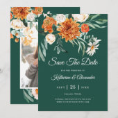 Save The Date Vert émeraude Élégant Fleur Orange Photo Mariage (Devant / Derrière)
