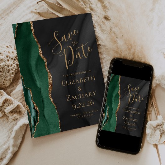Save The Date Vert émeraude or noir agate aquarelle