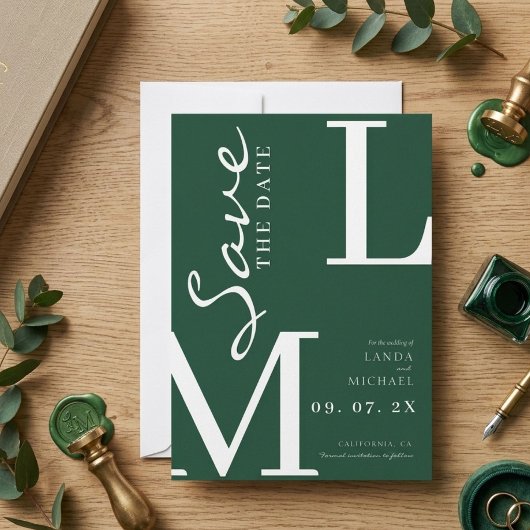 Save The Date Vert émeraude stylé monogramme de mariage