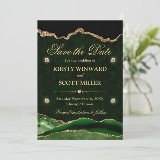 Save The Date Vert et Or Paillettes Marbre Agate Enregistrer la (Debout devant)