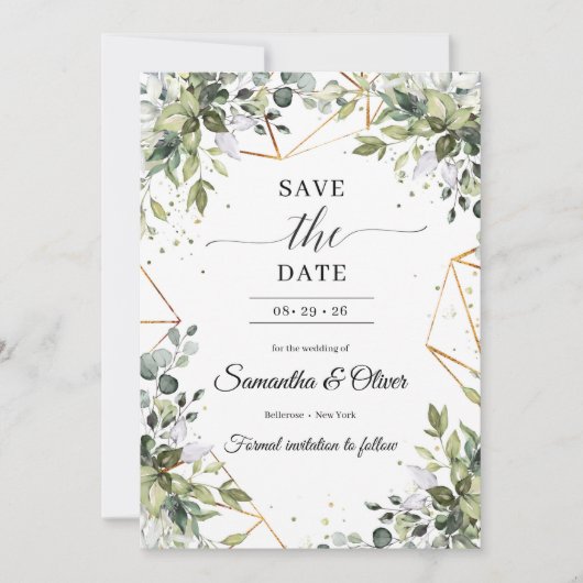 Save The Date Vert feuillage eucalyptus or feuille sauver la dat (Devant)