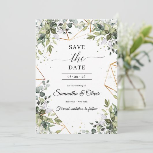 Save The Date Vert feuillage eucalyptus or feuille sauver la dat (Debout devant)