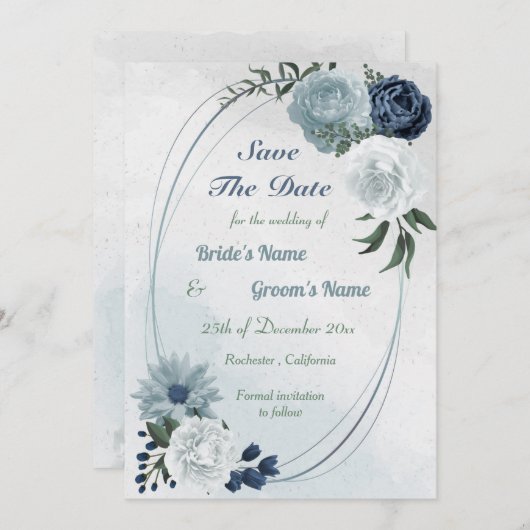 Save The Date vert fleuri blanc et bleu géométrique (Devant / Derrière)