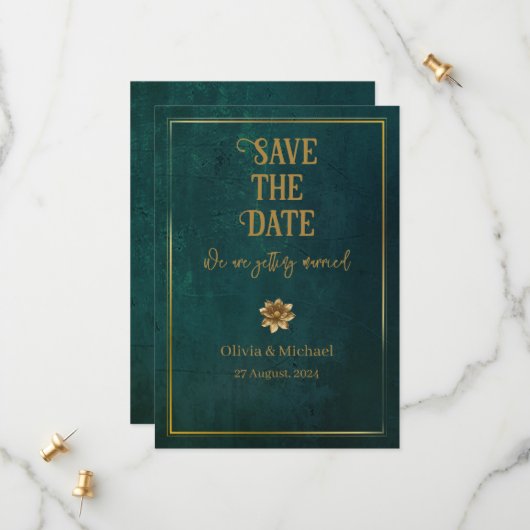 Save The Date Vert foncé vintage (Devant/Arrière en situation)