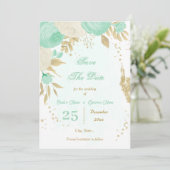 Save The Date vert menthe fleurs blanches or floral (Debout devant)