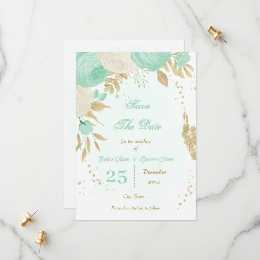 Save The Date vert menthe fleurs blanches or floral (Devant/Arrière en situation)