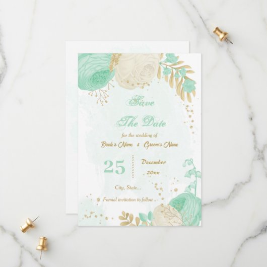 Save The Date vert menthe fleurs blanches or floral (Devant/Arrière en situation)